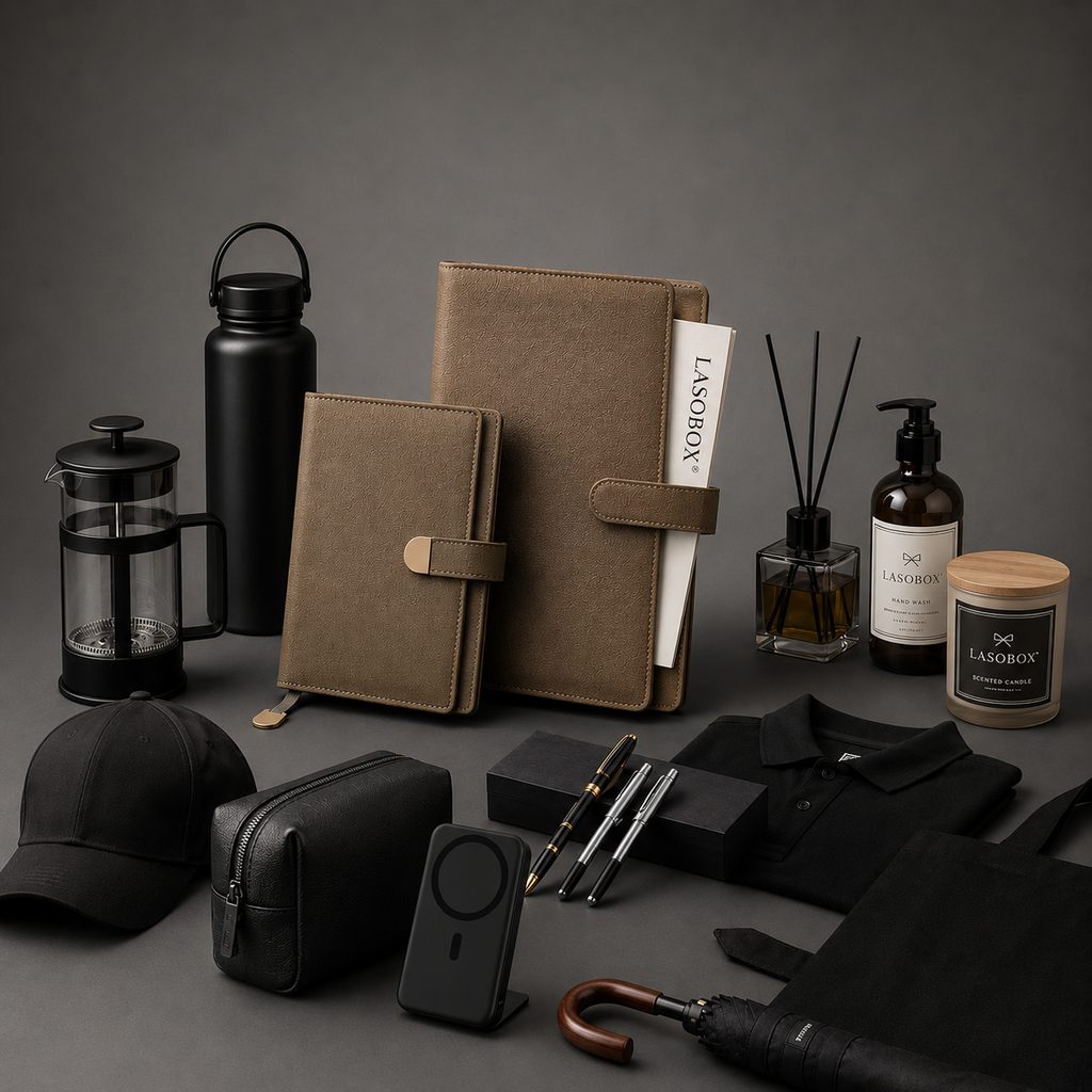 Lasobox notebooks, candle, and corporate gift items